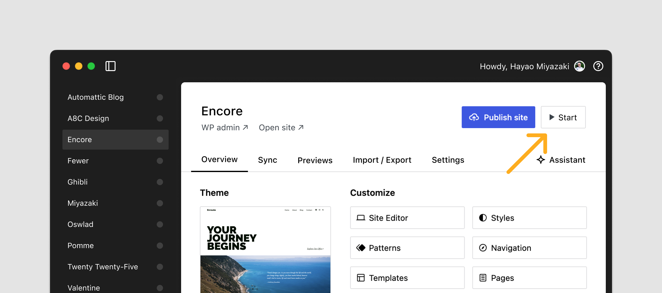 A screenshot depicting the Studio app and button to start a local site.