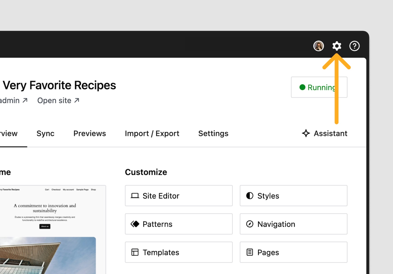 An orange arrow pointing to the preferences wheel in WordPress Studio