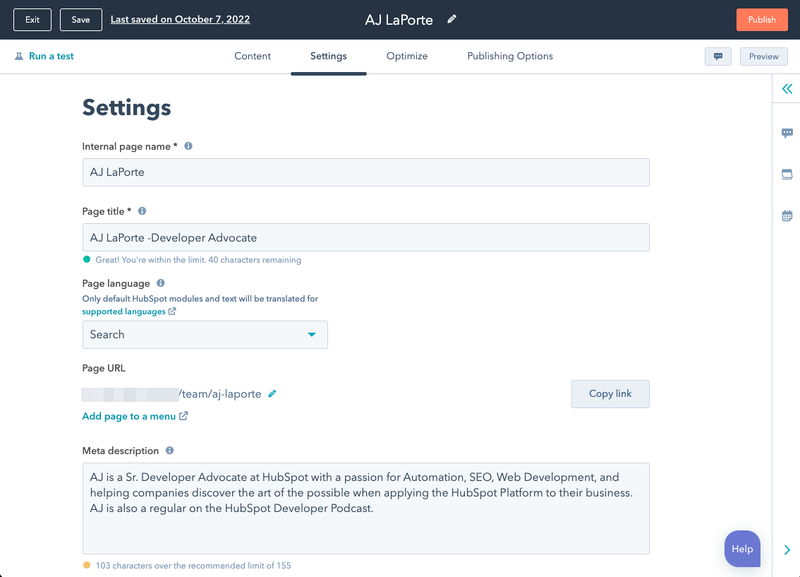 Settings area for one of our pages we created to verify data
