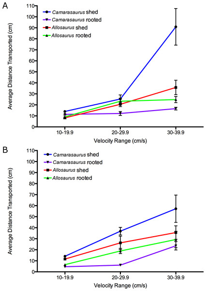 Average transport distance of cast tooth specimens versus velocity ranges.