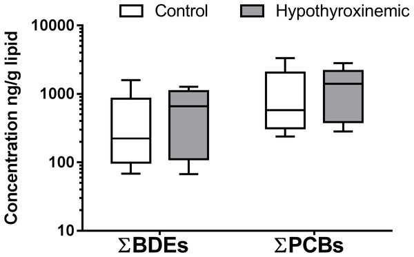 Box and whiskers diagram of ΣPBDEs and ΣPCBs concentrations in canine samples.