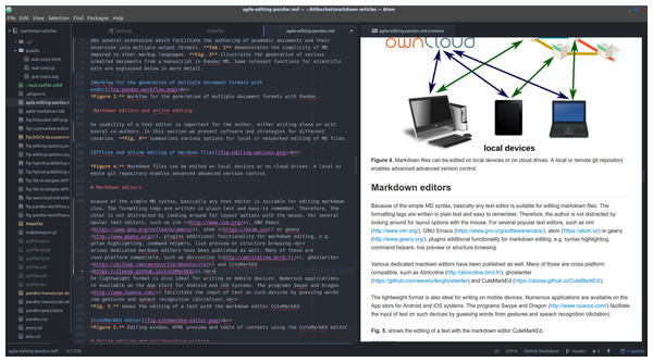 Document directory tree, editing window and HTML preview using the Atom editor.