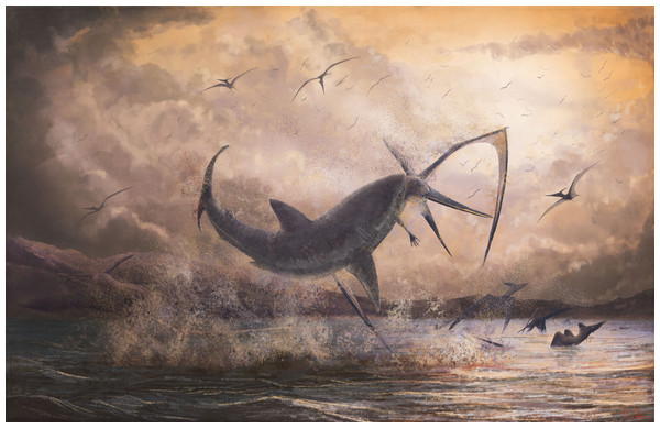 Restored scene of Cretoxyrhina attacking Pteranodon.