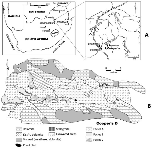 (A) Location of Cooper’s D in South Africa, and (B) site plan of the site.