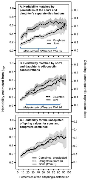 Offspring-parent quantile regression slopes (βOP) in male and female offspring separately.