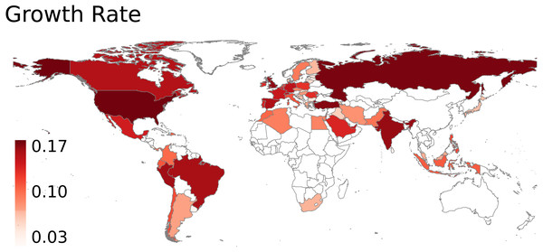 Geographical pattern of the early growth rate of COVID-19 in different countries.