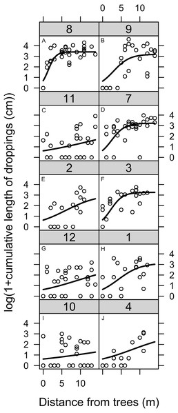 Geese land usage measured by the droppings deposited at varying distances from the boundary between woodland and lawn.