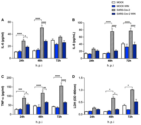 WIN reduces inflammatory markers and viral toxicity in SARS-CoV-2-infected hiPSC-CMs.