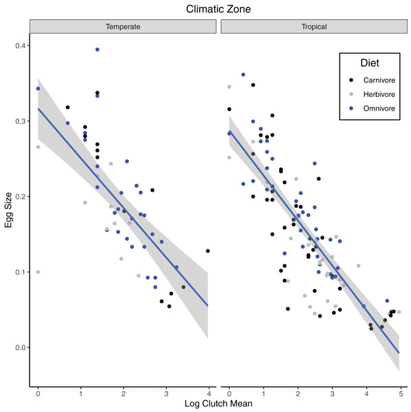 Phylogenetic generalized least squares model of variables predicting egg size in turtles.