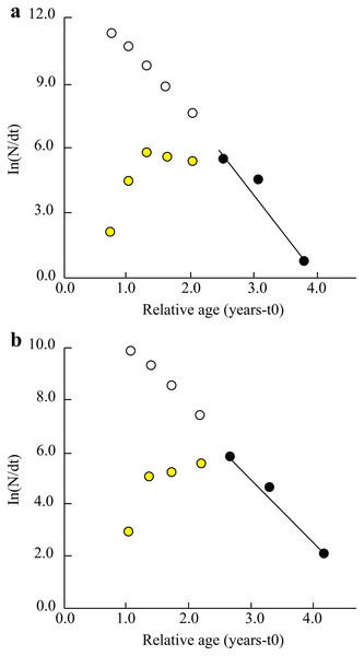 The length converted catch curve of Periophthalmus chrysospilos.