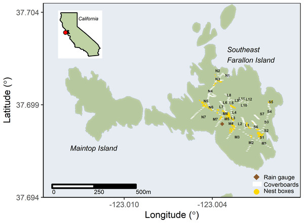 Invasive house mice (Mus musculus) trap locations on Southeast Farallon Island.