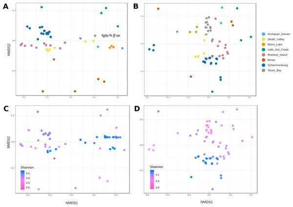 Non-metric multidimensional scaling of taxonomic and functional beta diversity of microbial mats.