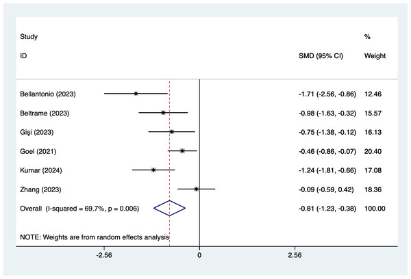 Forest map of 6 h pain scores meta-analysis (squares represent effect estimates for individual studies, lines represent their confidence intervals; the center of the diamond represents the pooled effect estimate, and the two ends indicate their 95% confidence intervals.