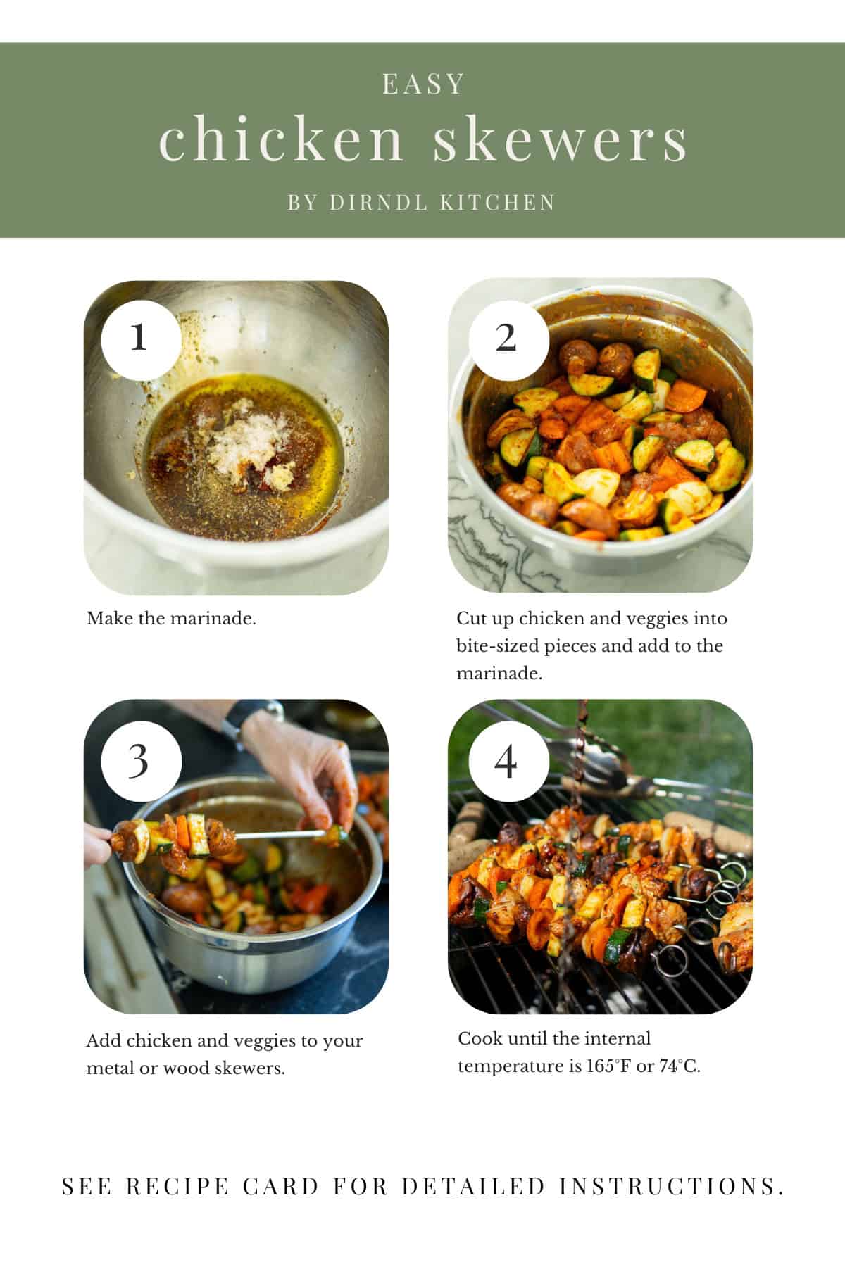 Step by step images showing how to make easy German chicken kabobs.