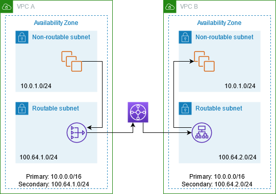 VPC with private NAT gateway and transit gateway for inter-VPC communication with overlapping CIDR