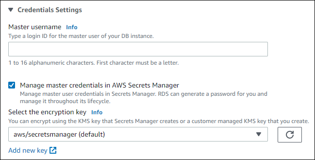 Gerenciar credenciais principais no AWS Secrets Manager selecionado