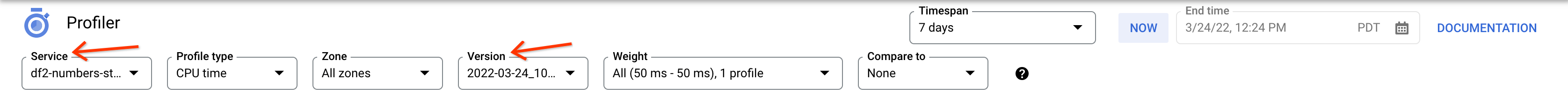 Muestra los valores de Servicio y Versión para crear un perfil de un trabajo de Dataflow.