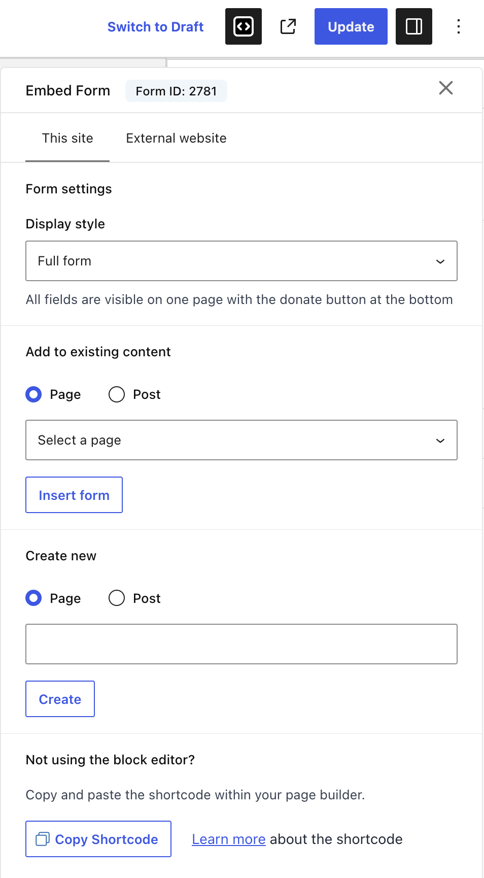 the shortcode builder panel inside the visual donation form builder