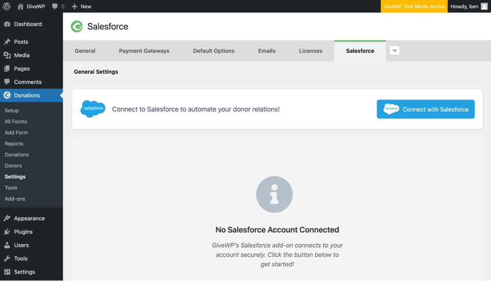 Screenshot of the page before connecting to the Salesforce account.