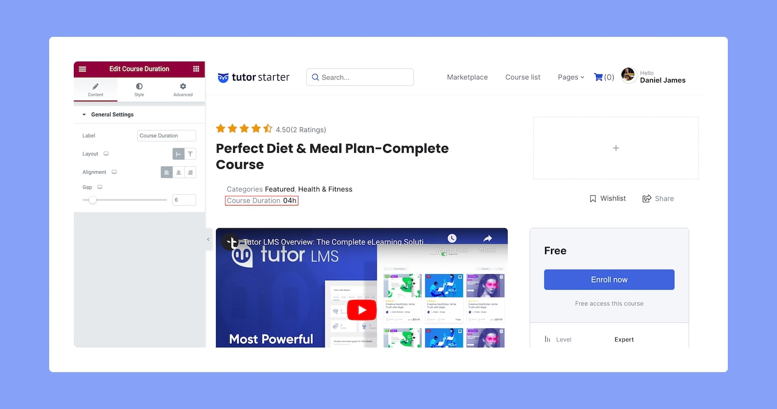 Tutor LMS Elementor Integration Course Duration