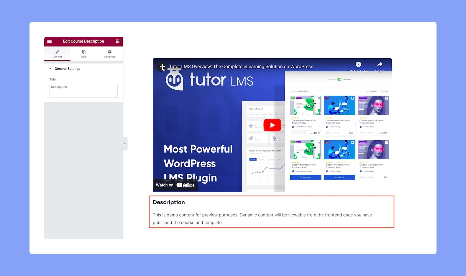 Tutor LMS Elementor Integration Course Description