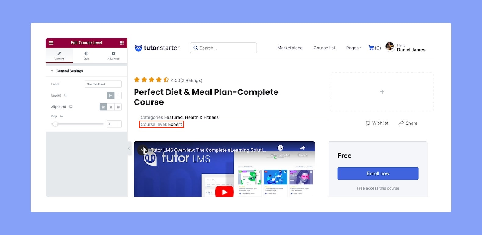 Tutor LMS Elementor Integration Course Level