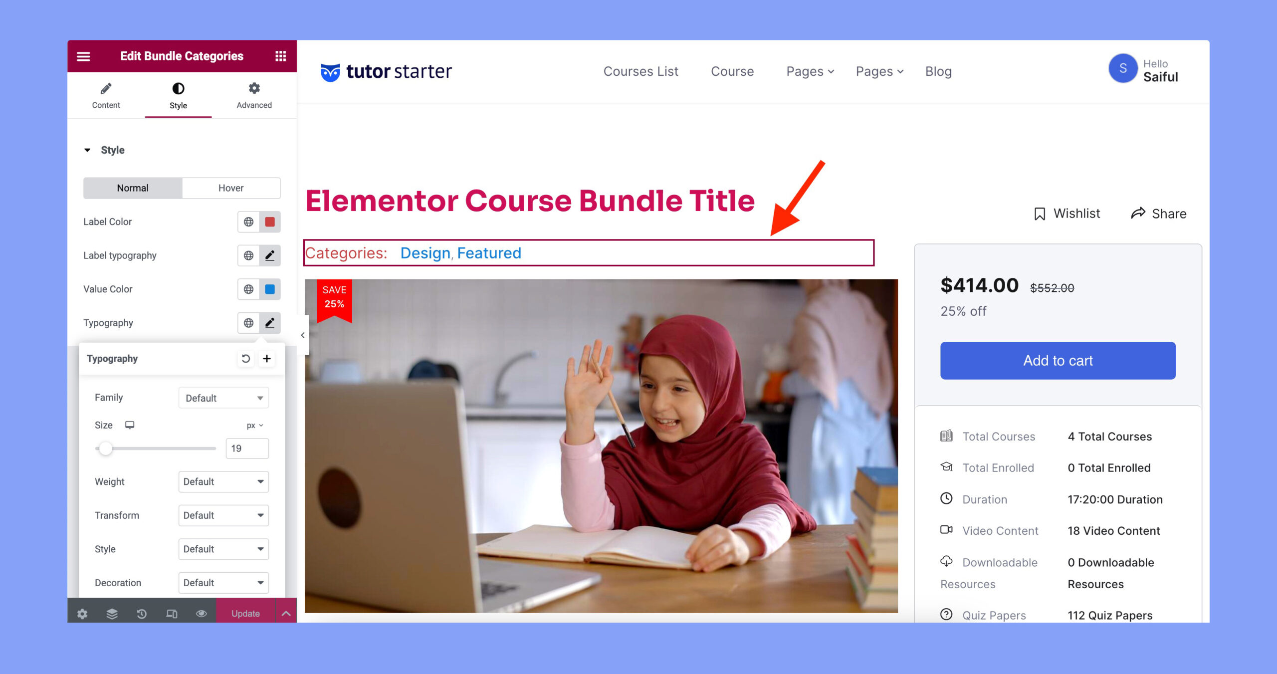 Style settings of Tutor LMS Elementor Addons Bundle categories