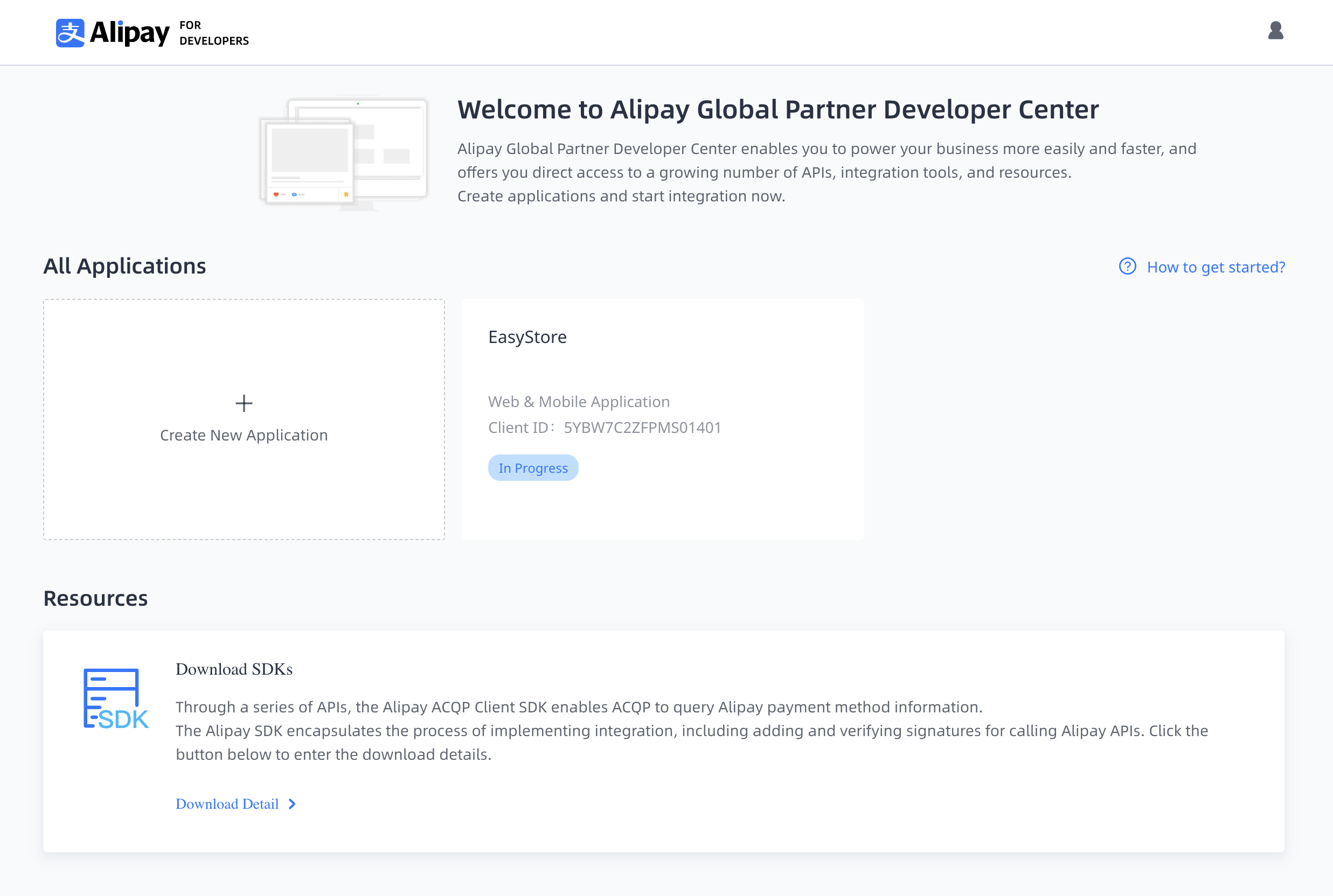 Create a new Application button