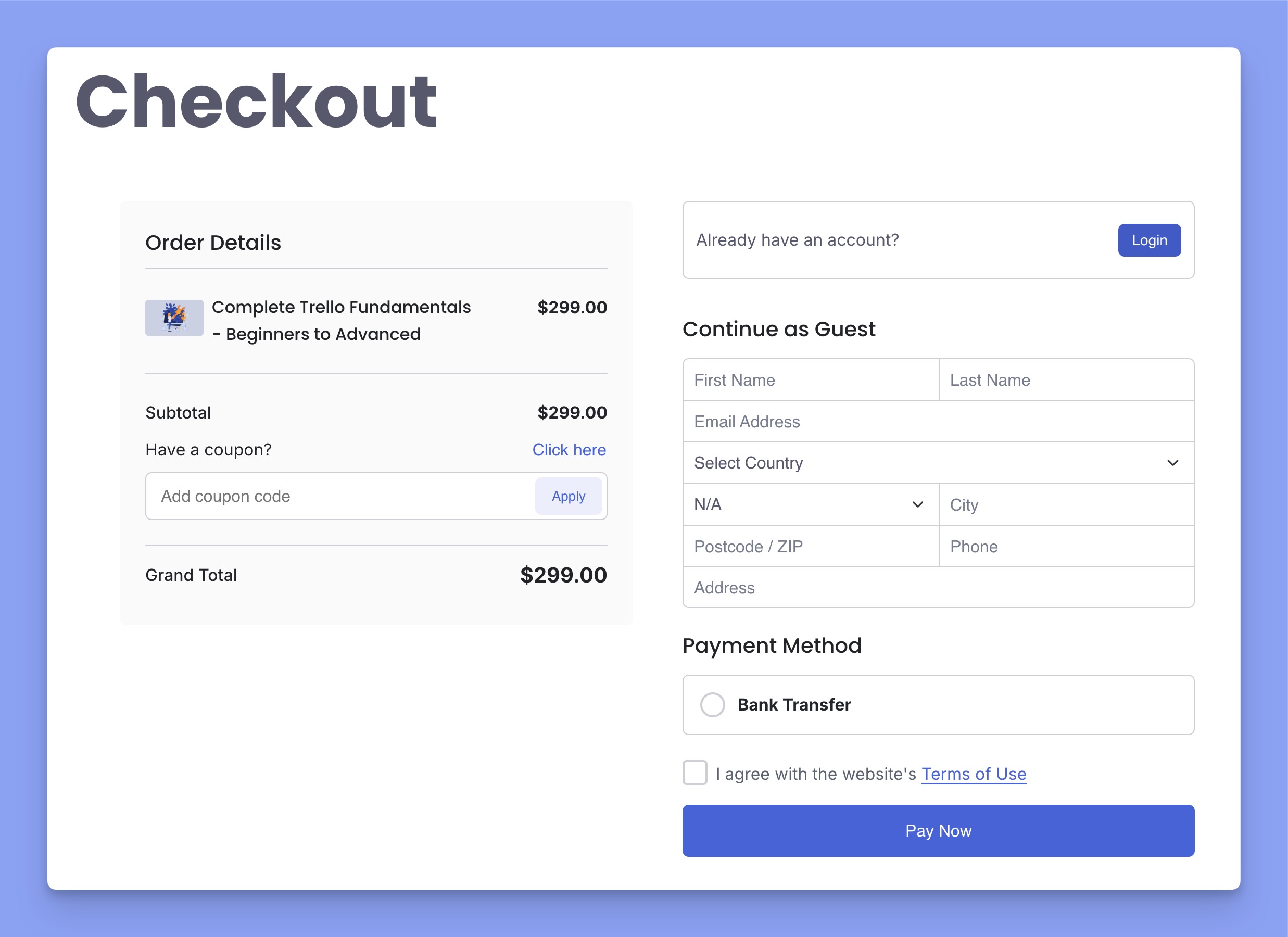 Tutor LMS course checkout page