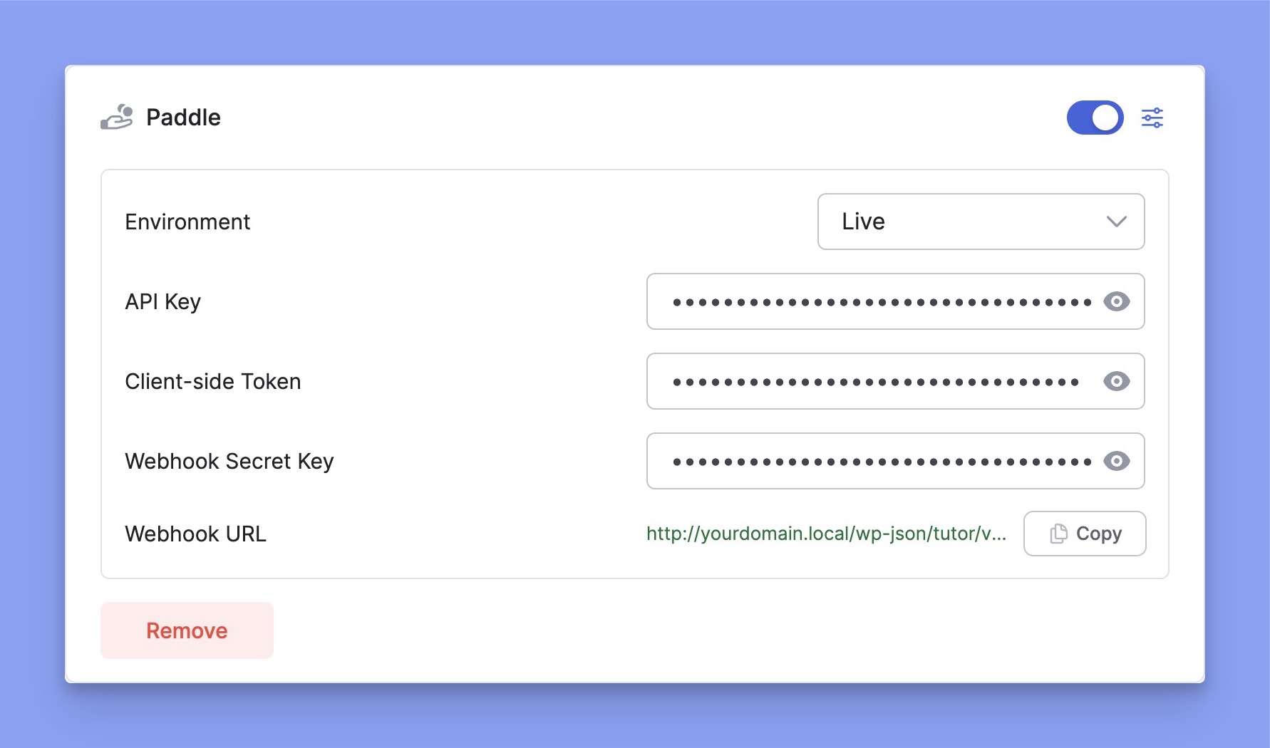 Enter paddle api keys