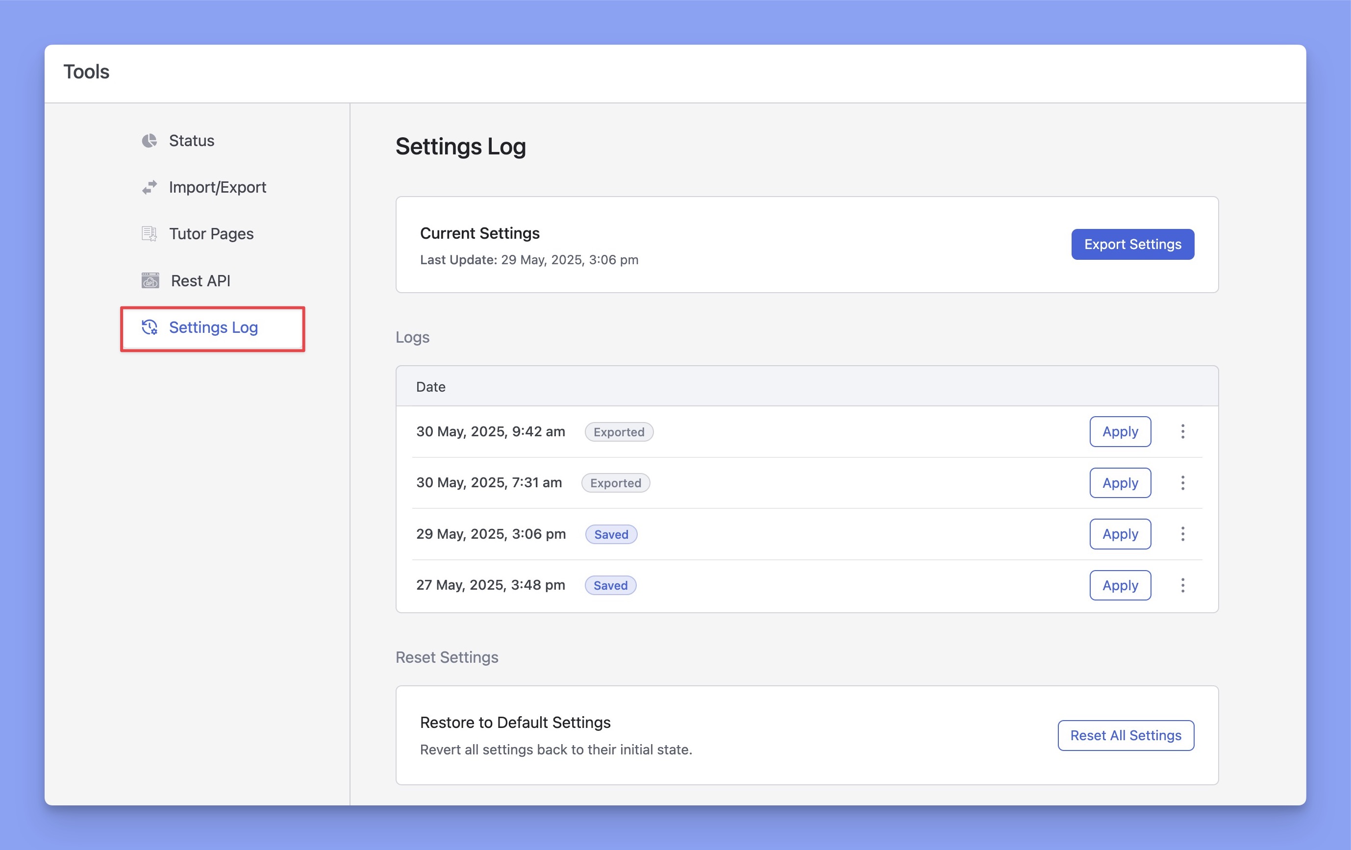 Settings log