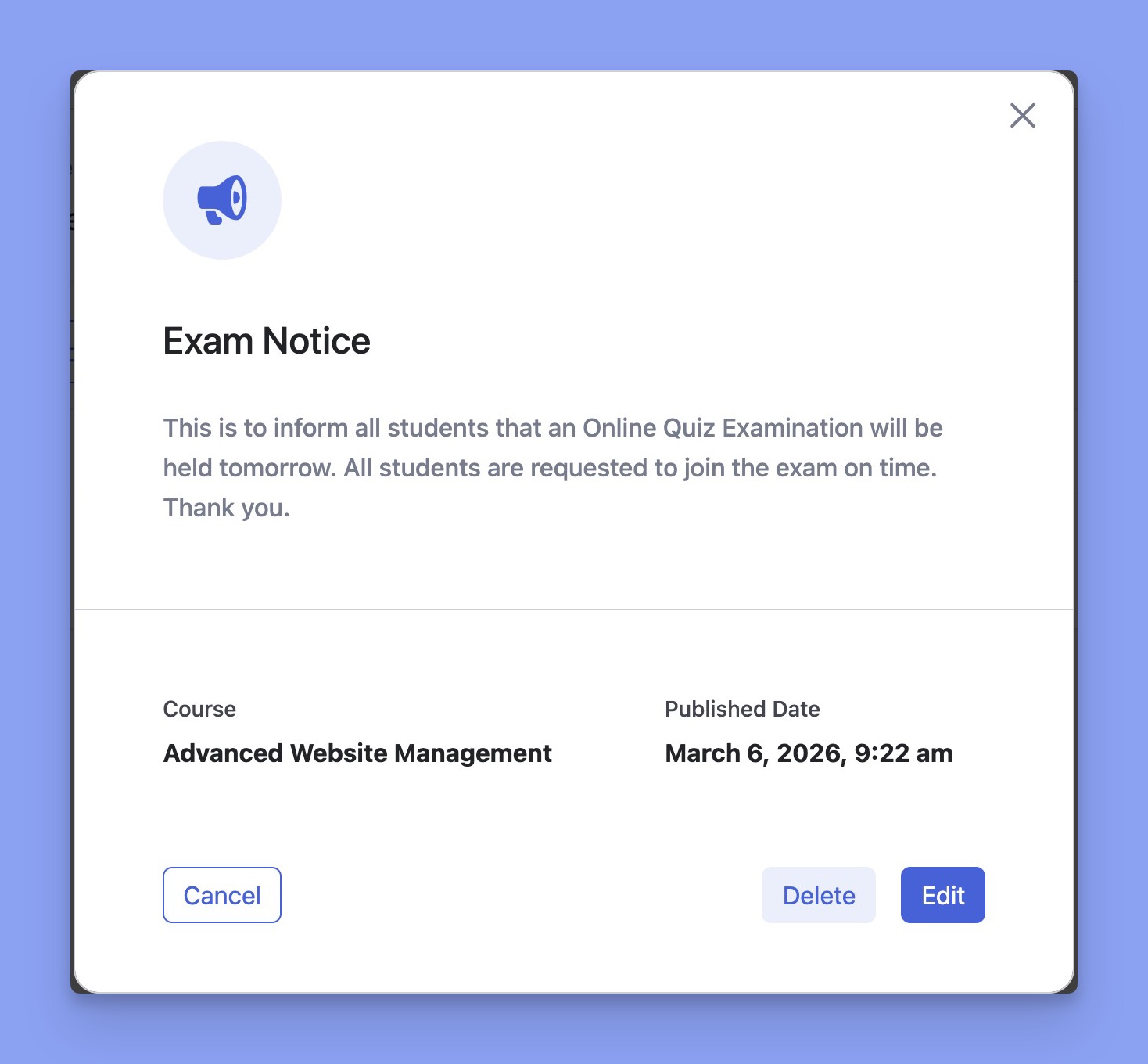 Tutor LMS announcement notice