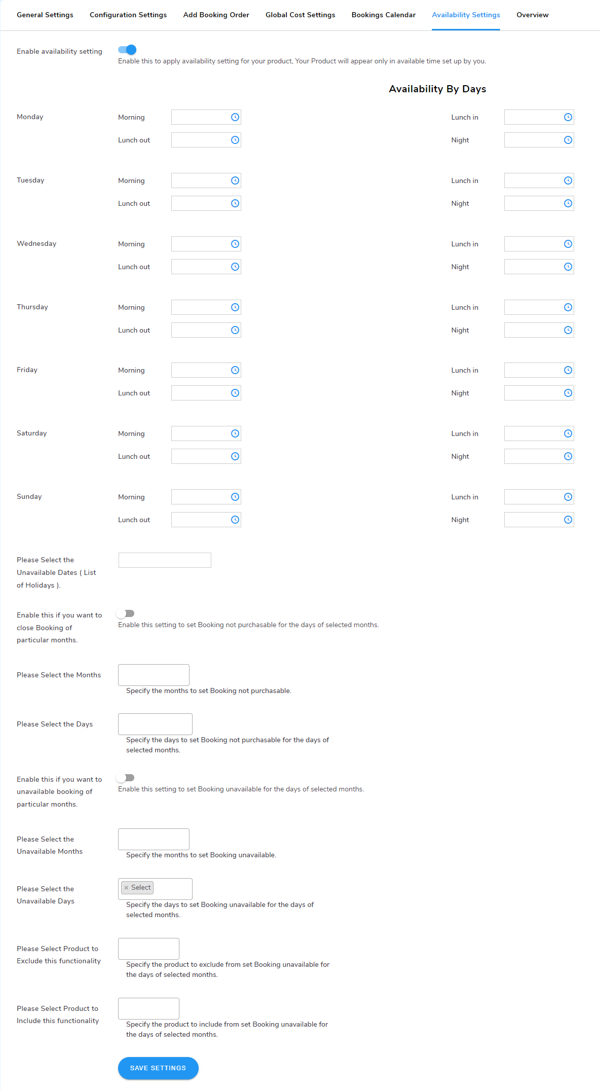 bookings PRO availability settings