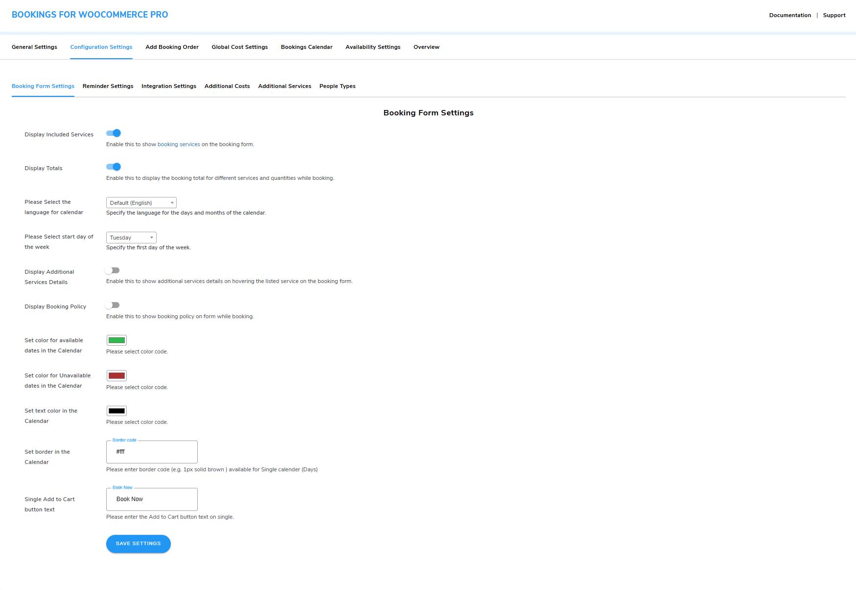 bookings form settings