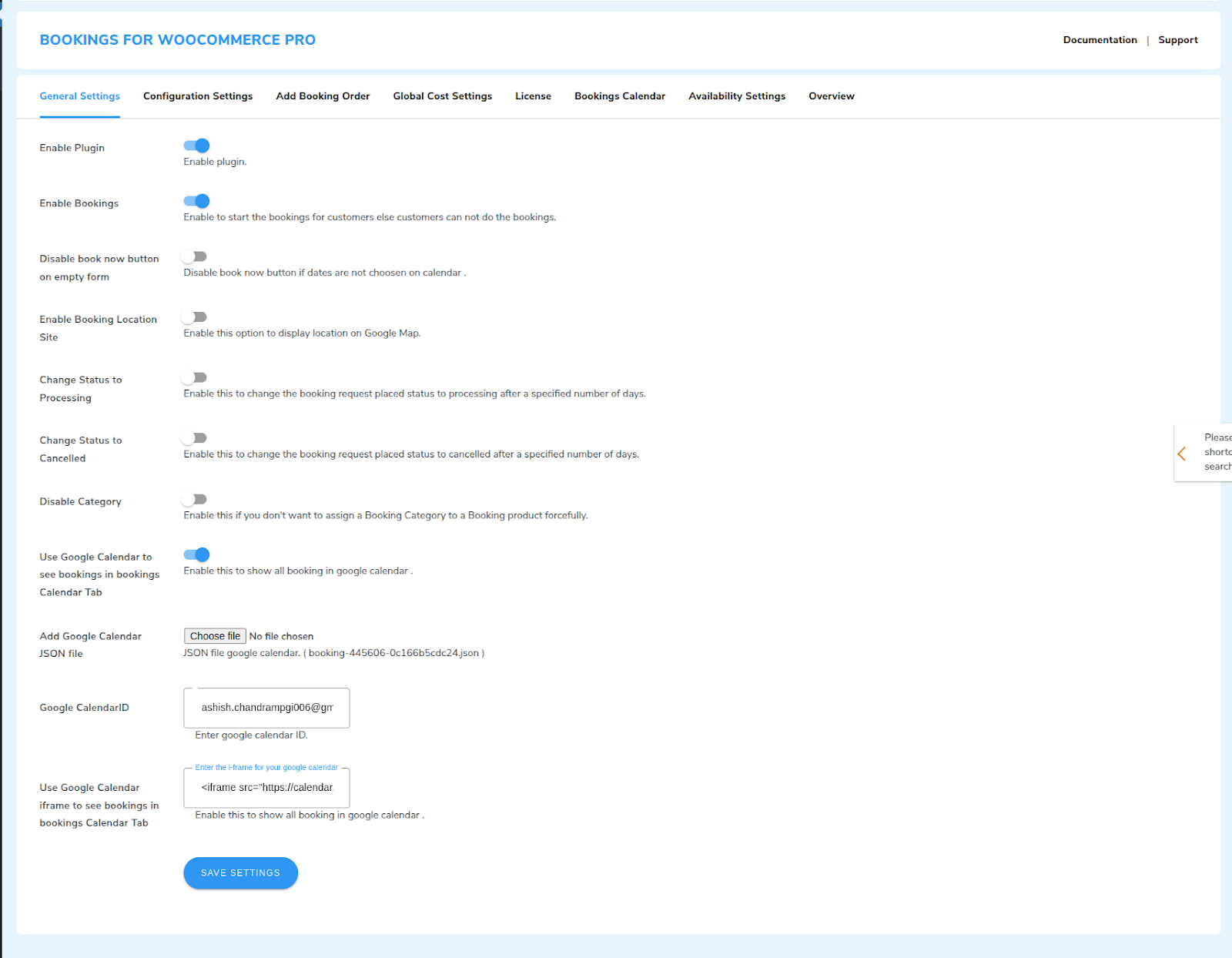 bookings general settings tab