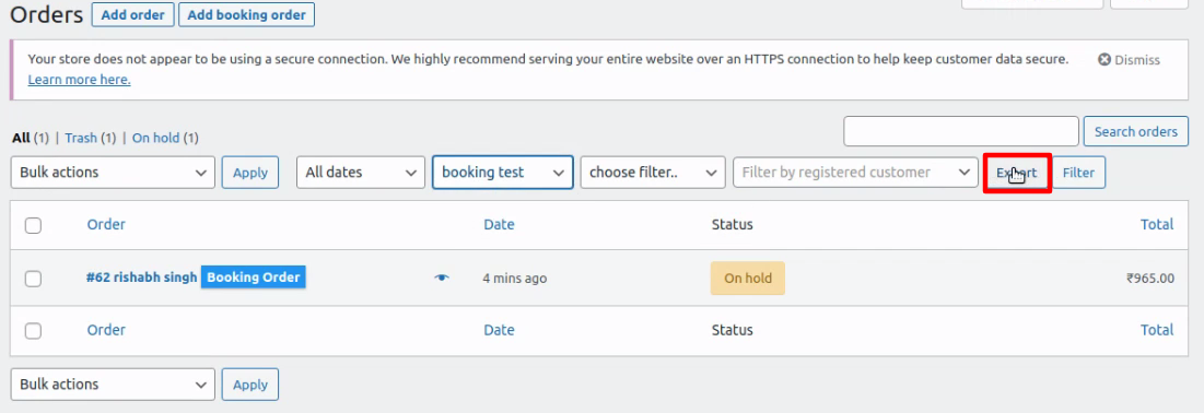 export woocommerce booking order