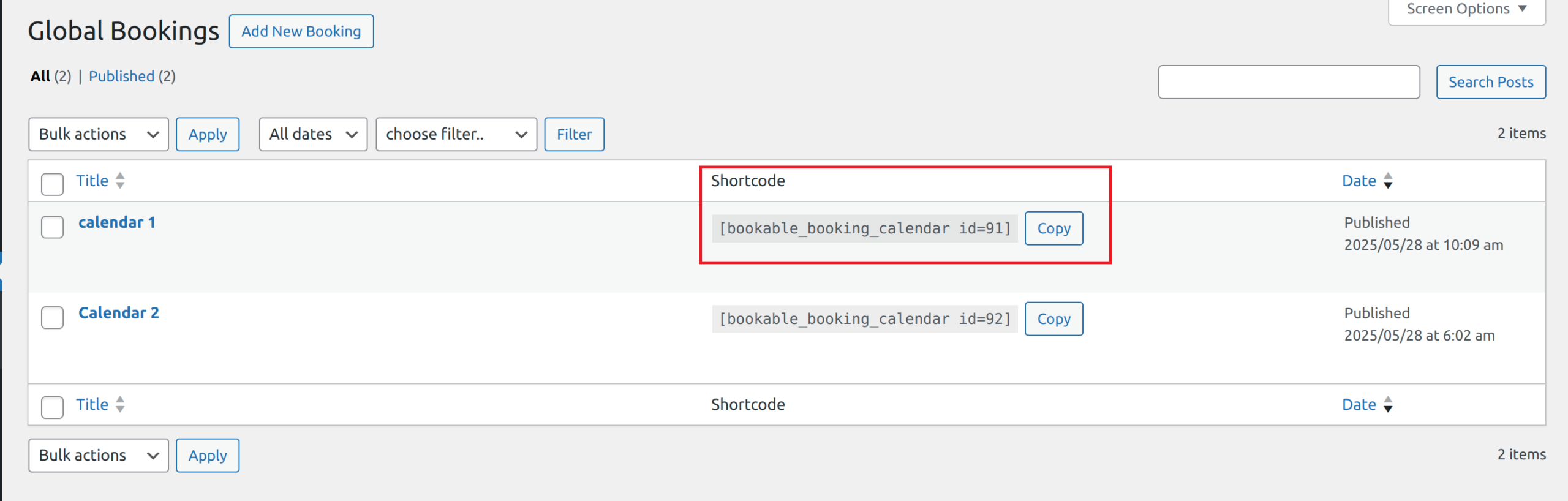 shortcode for global calendar booking