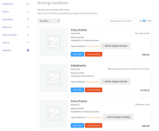 list view for bookings