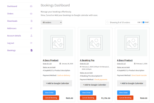 grid View For Bookings For Bookings