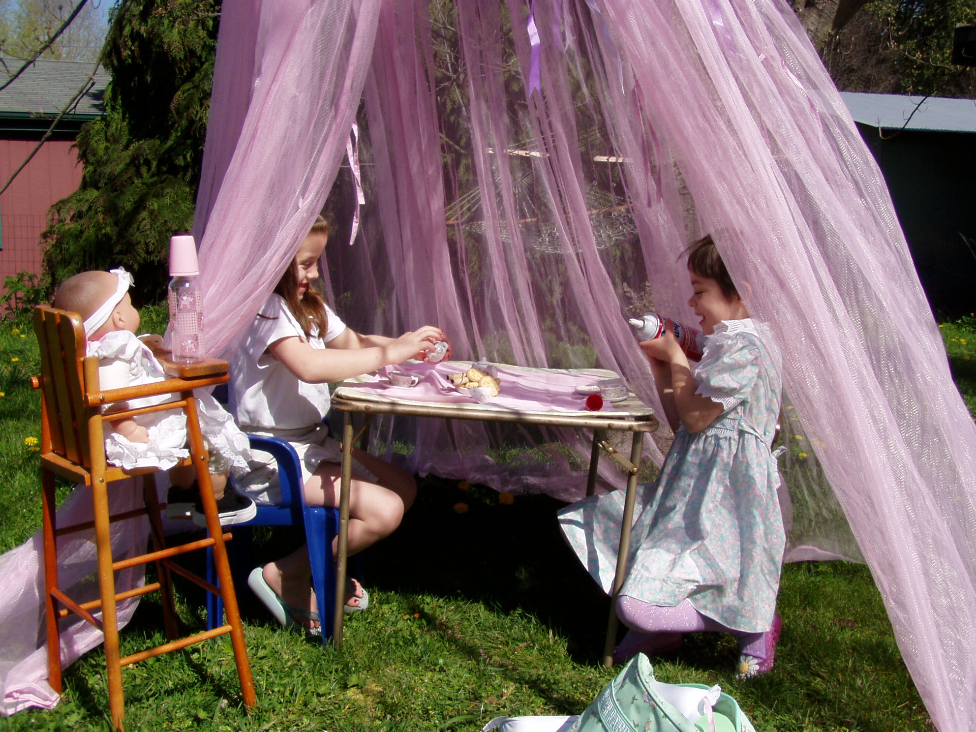 Two girls and a doll having a tea party under a pink tent hanging from a tree.