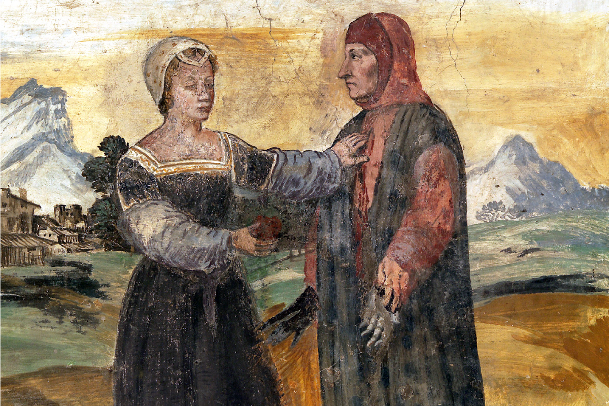 'El encuentro de Petrarca con Laura', fresco pintado en el siglo XIX por Elisabetta Benato Beltrami ubicado en la Casa Petrarca de Arqu�, Padua.