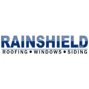 RS Rainshield logo featuring the text "RAINSHIELD" in bold blue letters, with the words "ROOFING • WINDOWS • SIDING" in smaller font below, representing a construction and home improvement brand.