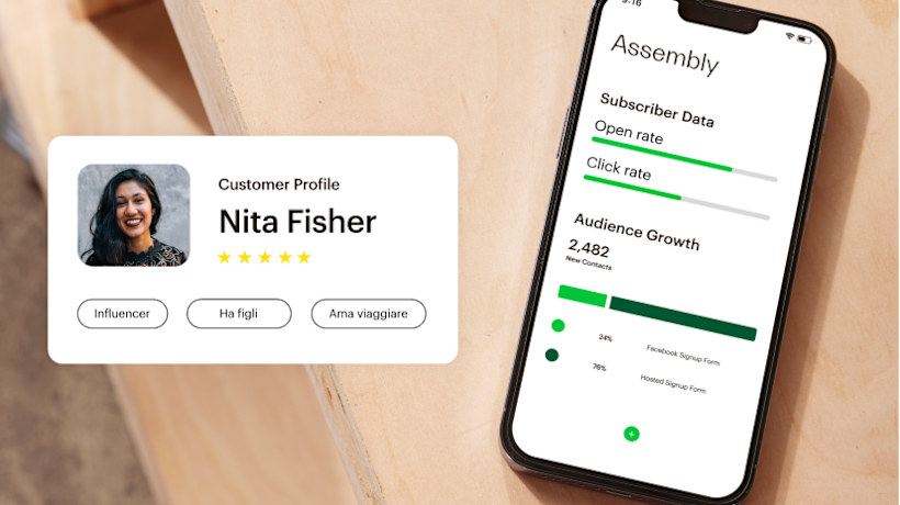 L’app Mailchimp con metriche dettagliate del pubblico, come il tasso di apertura e di clic, accanto a una scheda del profilo cliente.