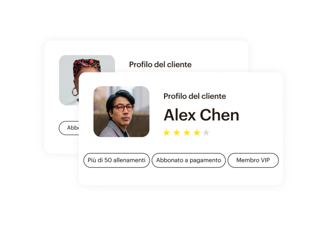 Una scheda del profilo cliente Mailchimp che mostra il suo nome e i segmenti pertinenti come “Iscritto a pagamento” e “Membro VIP”.