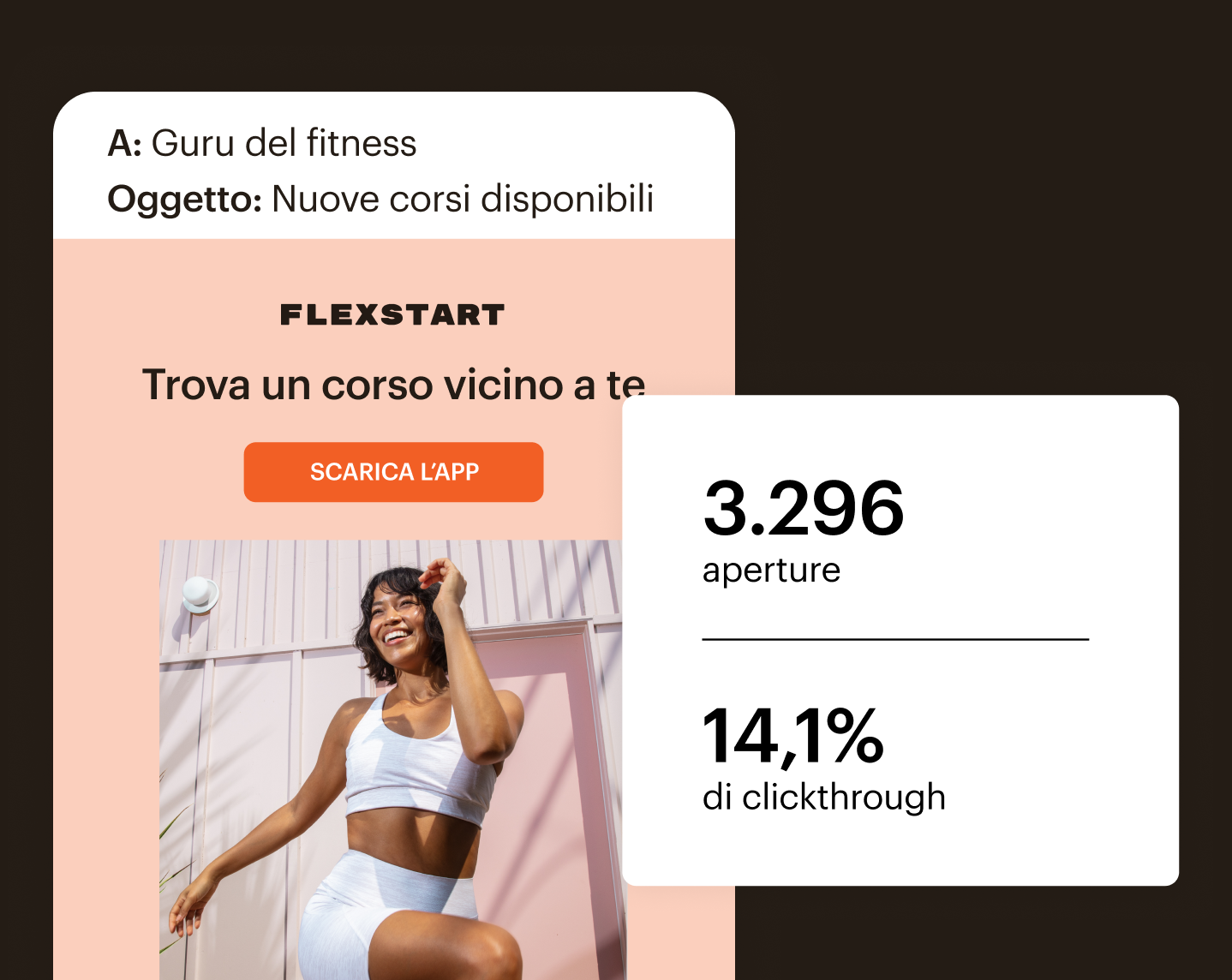 Un’email di marketing con il pulsante “Scarica l’app”, mostrata accanto alle statistiche di apertura e di clic di Mailchimp.