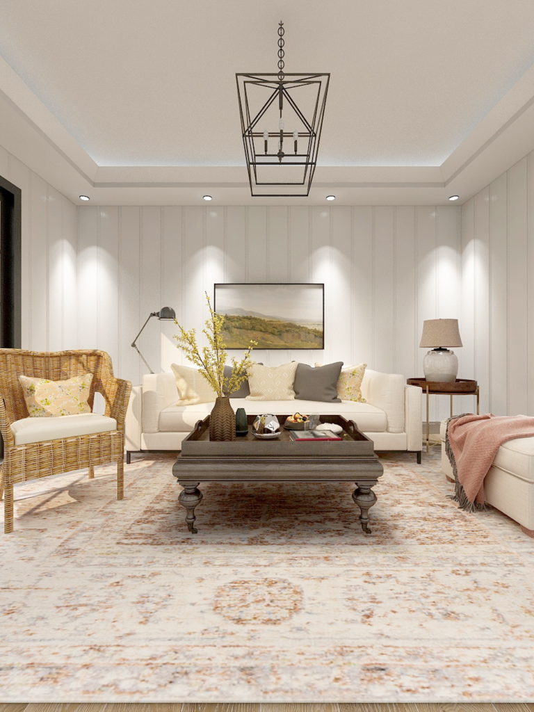 Farmhouse Living Room with White Paneling on the walls a Wrought Iron Lantern Modern White Sofa and Traditional Vintage Style rug with Vintage Landscape art by Virtual Interior Design Company EM Creative Co