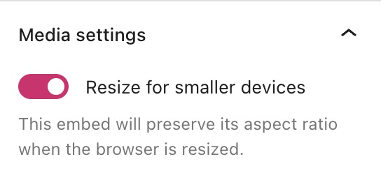 Media settings showing the option "Resize for smaller devices" enabled.