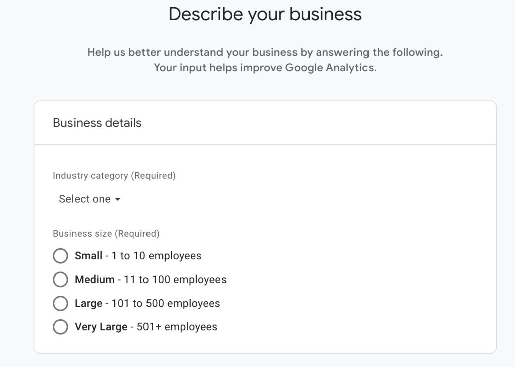 用於新增業務資訊的 Google Analytics (分析) 畫面
