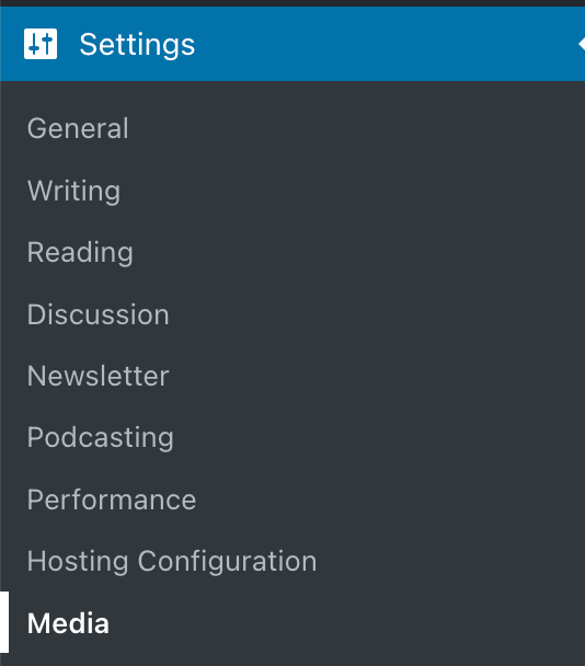 Settings in the dashboard, with Media selected.