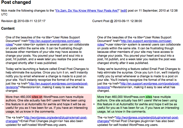 email-post-changes Two versions of the post are shown, with the old content marked in red and the changes marked in green.